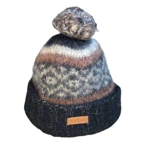 KUSAN WOOL NAPAL BLACK BROWN GREY BEANIE POMPOM BALL HAT - Picture 1 of 5
